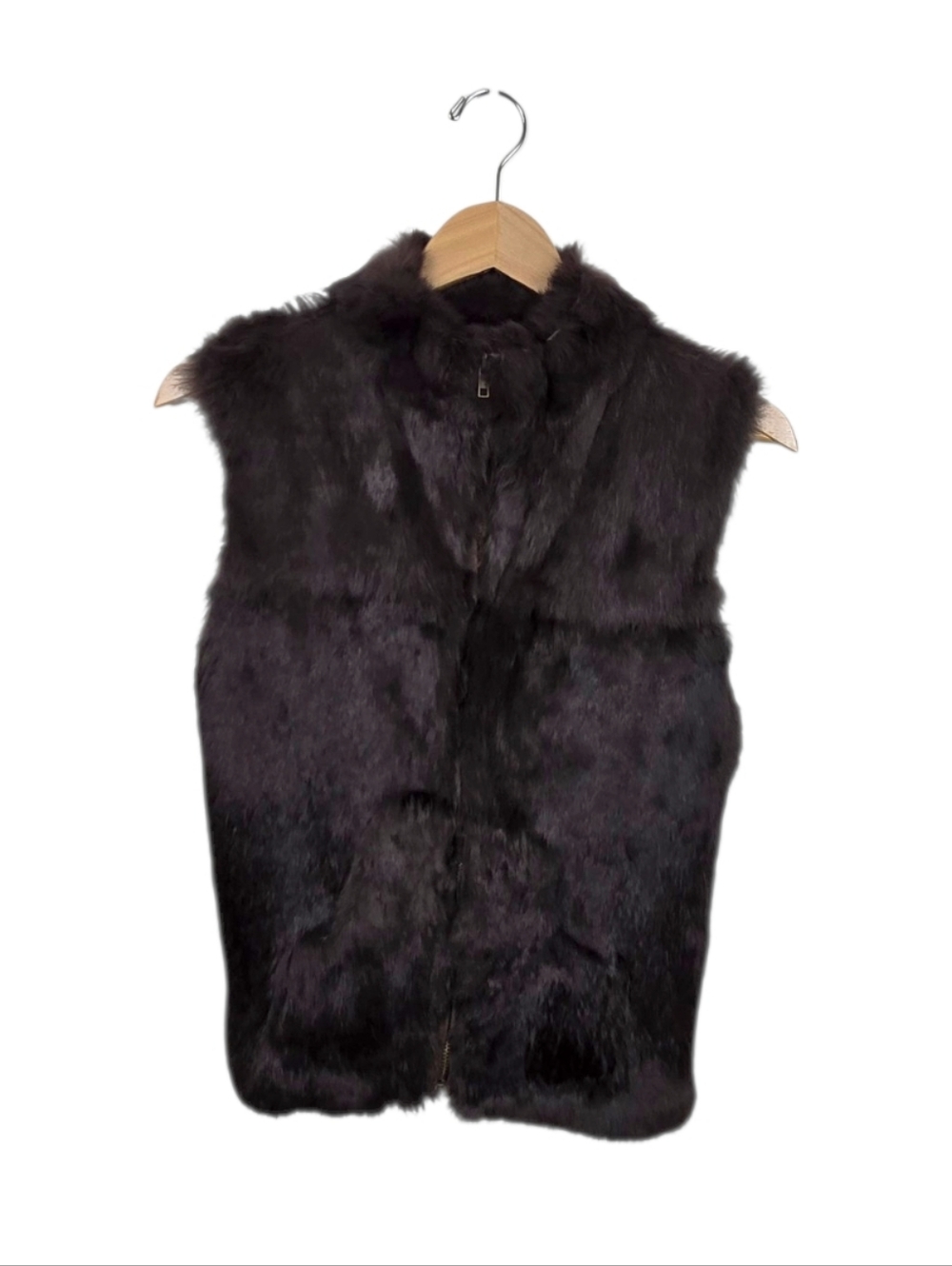 Vintage Shine New York Rabbit Fur Knit Vest Chocolate Brown Front Pocket Zip Med